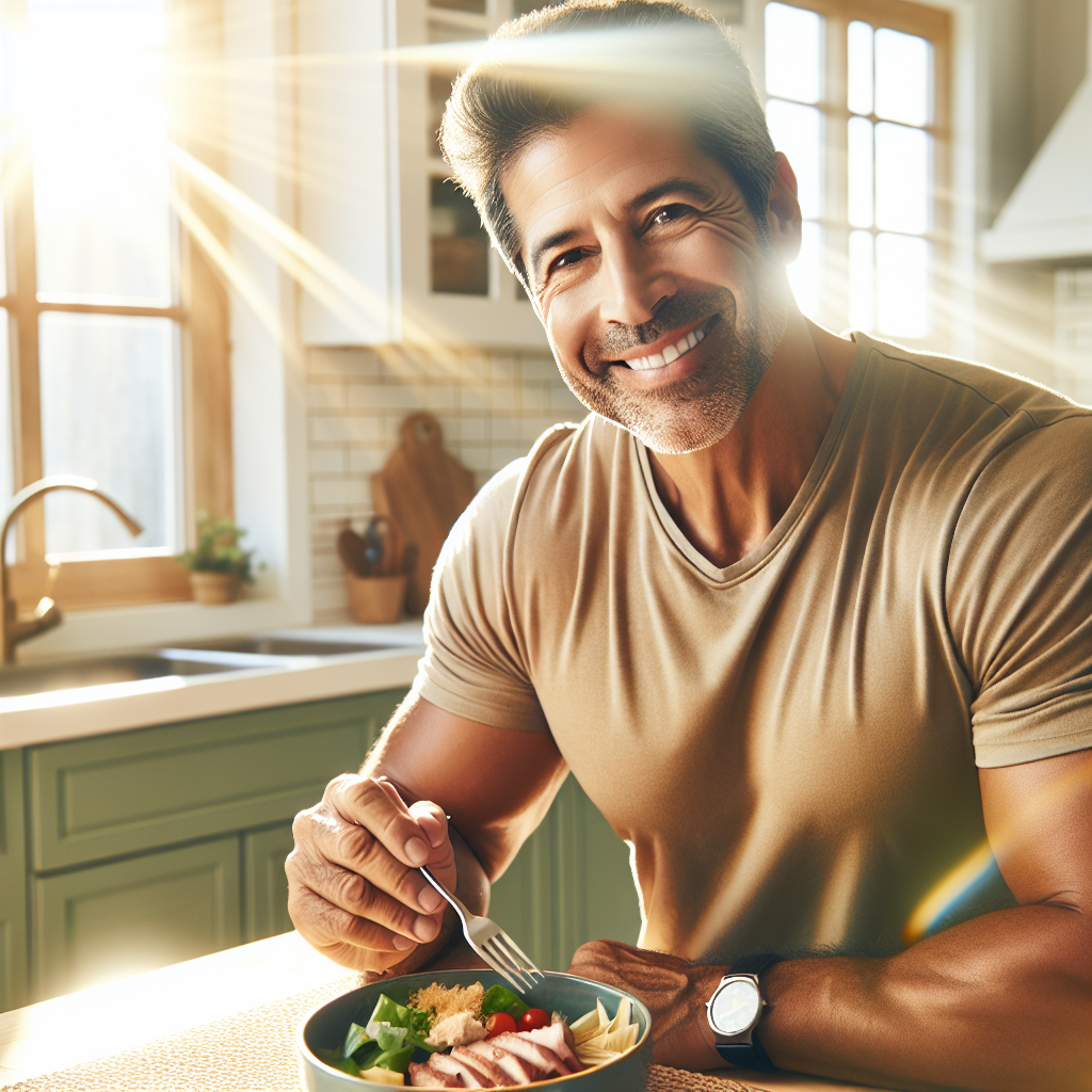 A person looking vibrant and confident, smiling while enjoying a light, healthy protein-rich meal at a sunlit kitchen table. They project a feeling of energy, satiety, and well-being, symbolizing successful healthy eating and weight management. The atmosphere is positive and refreshing.
