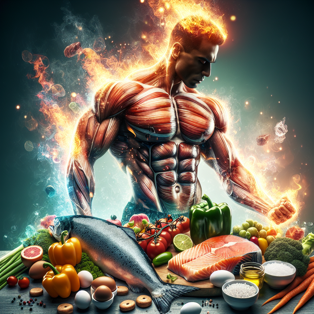 A dynamic and aspirational image of a person with a healthy, lean physique, radiating energy and confidence, representing successful weight loss and muscle maintenance. Surrounding them are artfully arranged, vibrant, protein-rich foods like grilled salmon, chicken breast, fresh eggs, and a selection of colorful low-carb green vegetables. The aesthetic is clean, modern, and inspiring, conveying a sense of vitality and achievement through a high-protein, no-carb diet.