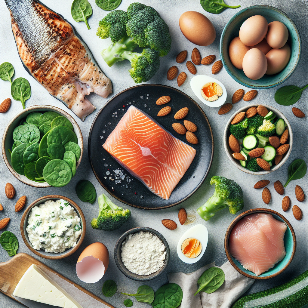 A beautifully styled flat lay showcasing a diverse and appetizing spread of foods for a high-protein, no-carbohydrate diet. Prominently featured are a perfectly grilled salmon fillet, lean chicken breast, hard-boiled eggs, a small bowl of quark or skyr, fresh green vegetables such as spinach, broccoli florets, and zucchini slices, alongside a scattering of almonds. The composition is bright, fresh, and emphasizes nutritional value, with absolutely no visible carbohydrate-rich foods like bread or pasta.