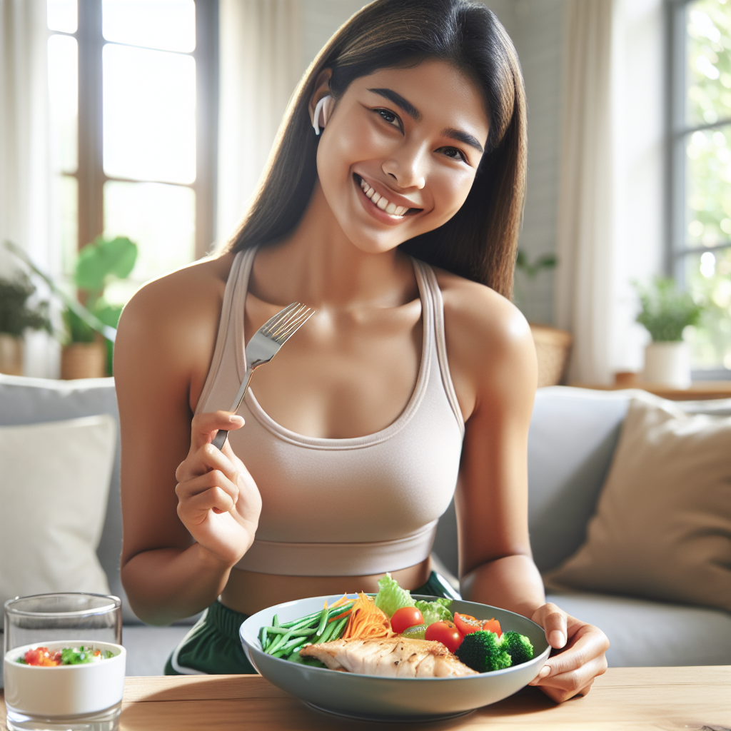 Eine gesunde, glücklich aussehende Person, die in einer gemütlichen häuslichen Umgebung ein köstliches, proteinreiches Gericht genießt. Auf dem Teller sind mageres Hähnchenfleisch oder Fisch mit frischem Gemüse zu sehen. Die Atmosphäre ist entspannt und ruhig, ohne Hinweise auf Sport oder Training, und vermittelt ein Gefühl von Wohlbefinden und effektiver Gewichtsabnahme durch Ernährung.