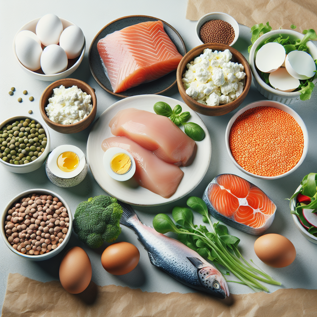 Ein ästhetisch ansprechendes Flat Lay von verschiedenen rohen und zubereiteten proteinreichen Lebensmitteln auf einer sauberen Küchenarbeitsplatte oder einem Holztisch. Zeige mageres Hähnchenbrustfilet, ein Stück Lachs, hartgekochte Eier, eine Schale Magerquark oder Hüttenkäse, Linsen und frisches grünes Gemüse. Der Fokus liegt auf der Vielfalt gesunder Proteinquellen für eine Diät, die auf Gewichtsabnahme ohne Sport abzielt.