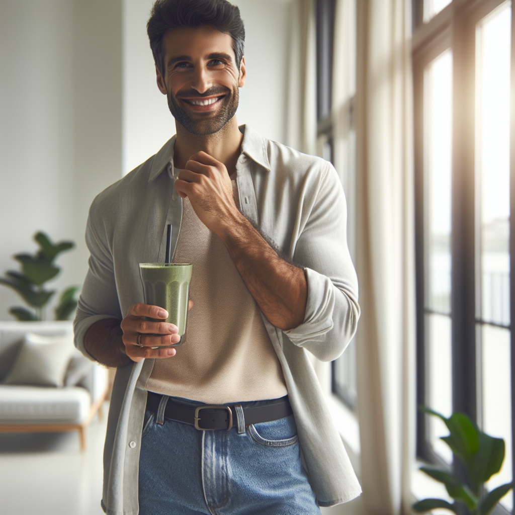 A happy, confident person (late 20s to early 40s) with a relaxed smile, comfortably wearing well-fitting everyday clothes (e.g., stylish jeans and a casual top) while standing by a bright window in a modern living room. They are enjoying a moment of peace, perhaps holding a smoothie or a cup of tea, conveying a sense of achieved well-being and a healthier lifestyle without any signs of strenuous exercise. The overall mood is serene and uplifting.