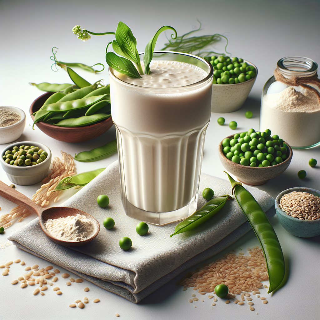 A vibrant, creamy protein shake in a sleek glass, set against a bright, clean background. Around the shake, tastefully arranged, are various raw, natural, non-soy protein sources such as fresh green peas, whole rice grains, hemp seeds, and a scoop of whey protein powder, symbolizing healthy alternatives for weight loss. The image should convey freshness, health, and energy, in a high-quality studio photograph style.