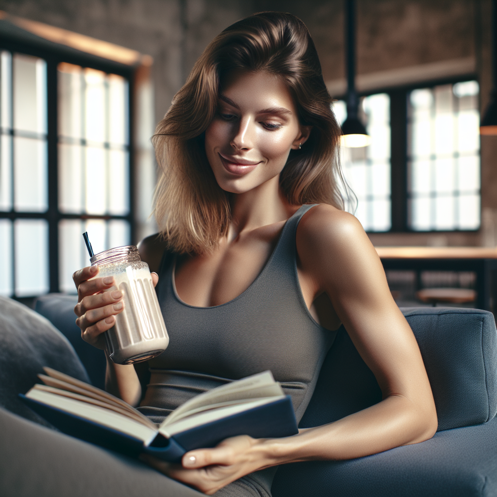 A person in a relaxed, comfortable home setting (e.g., on a sofa, reading a book), gently smiling while holding a modern, appealing protein shake glass. The atmosphere is calm and peaceful, suggesting an effortless path to wellness without any exercise equipment visible. Soft, natural lighting, minimalistic and clean background.