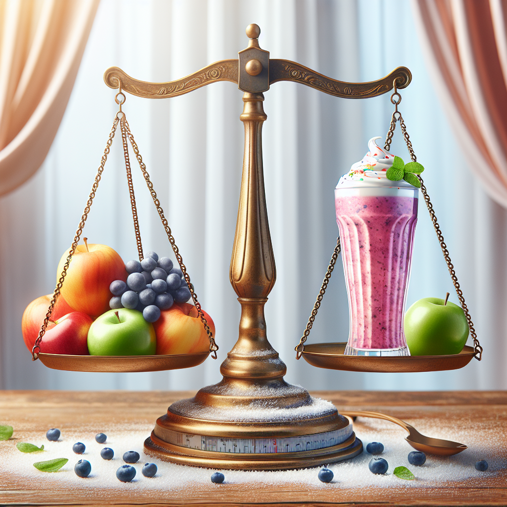 A vibrant, appetizing protein shake glass or bottle is prominently displayed on one side of an old-fashioned balanced scale, with the other side appearing significantly lighter or empty. This visual metaphor illustrates the concepts of satiety, reduced calories, and weight management. The background is clean and bright, emphasizing balance and health.