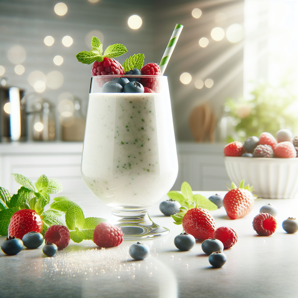 A vibrant, professional food photograph of a refreshing sugar-free protein shake in a clear glass, garnished with fresh berries and a hint of mint. The background is a clean, bright kitchen counter with a subtle bokeh effect, conveying health, natural ingredients, and effective weight loss. Bright, inviting lighting.