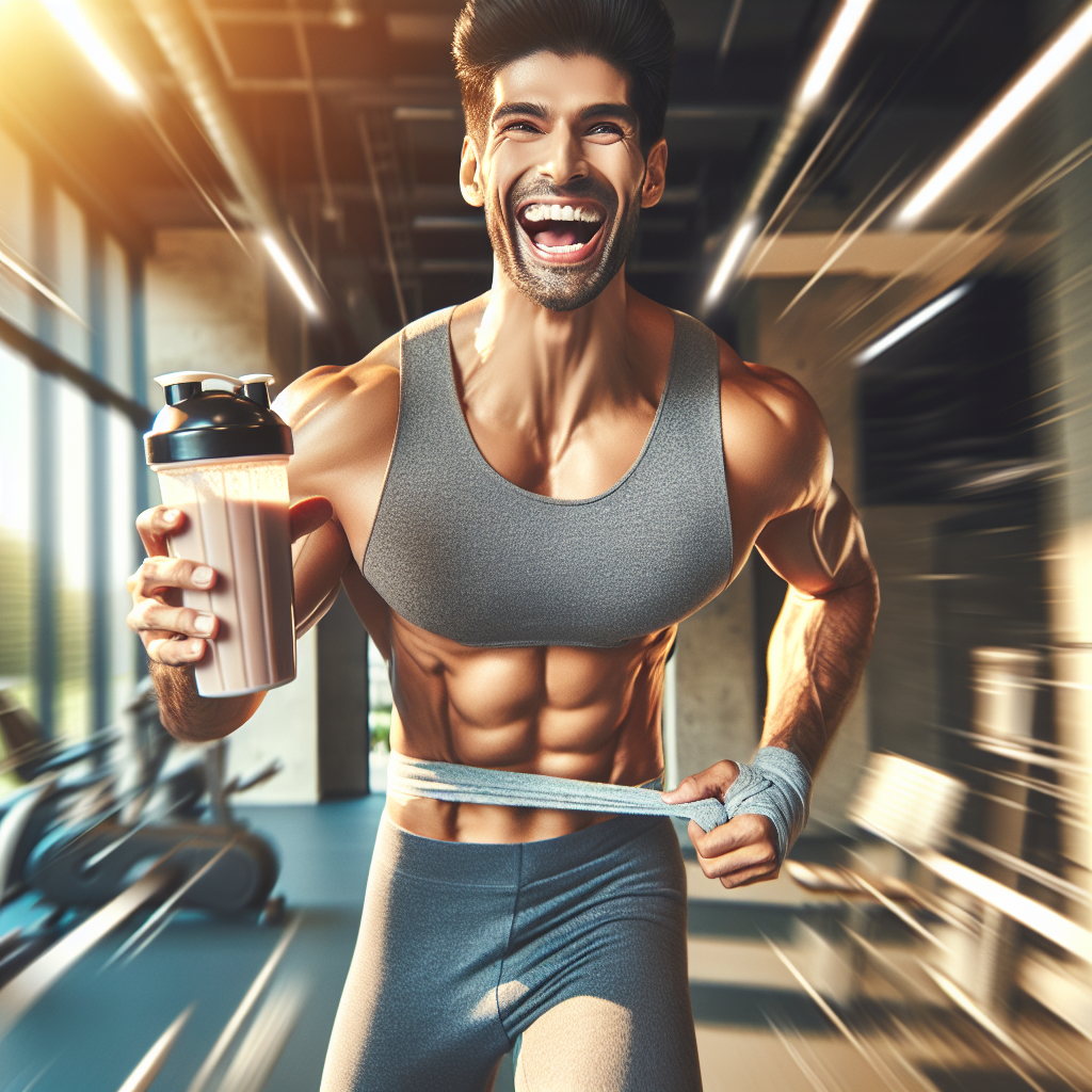 A fit and energetic person, mid-action, smiling while holding a shaker bottle filled with a sugar-free protein shake. The setting is a bright, modern gym or an sunny outdoor park, emphasizing an active and healthy lifestyle leading to successful weight loss. Realistic photo, aspirational.