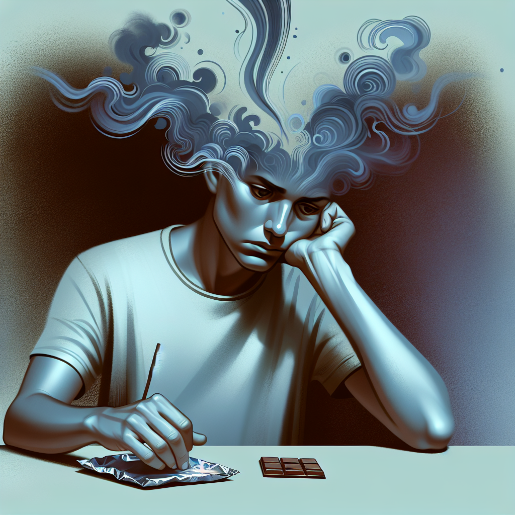 A person (gender-neutral, diverse) sitting at a table with a thoughtful, slightly overwhelmed expression. Above their head or subtly swirling around them are abstract, smoky wisps of various emotions like stress, sadness, and boredom, rendered in cool, muted colors. Their hand is reaching for a tempting comfort food like a chocolate bar or a bag of chips on the table. The image should convey the internal struggle and the impulse to eat due to emotions, rather than physical hunger, in a realistic and empathetic style.