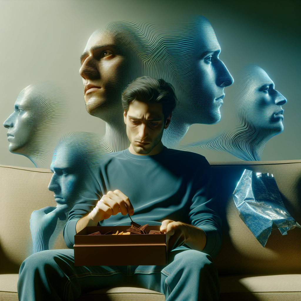 A person (gender-neutral) sitting alone on a couch, looking contemplative and slightly overwhelmed. Around them, subtle visual cues of emotions like stress (swirling lines), sadness (muted blue tones), and boredom (empty space). Their hand hovers over an open box of chocolates or a bag of chips, showing a moment of hesitation and internal conflict before eating. Soft, warm lighting, realistic style, focus on the emotional introspection.