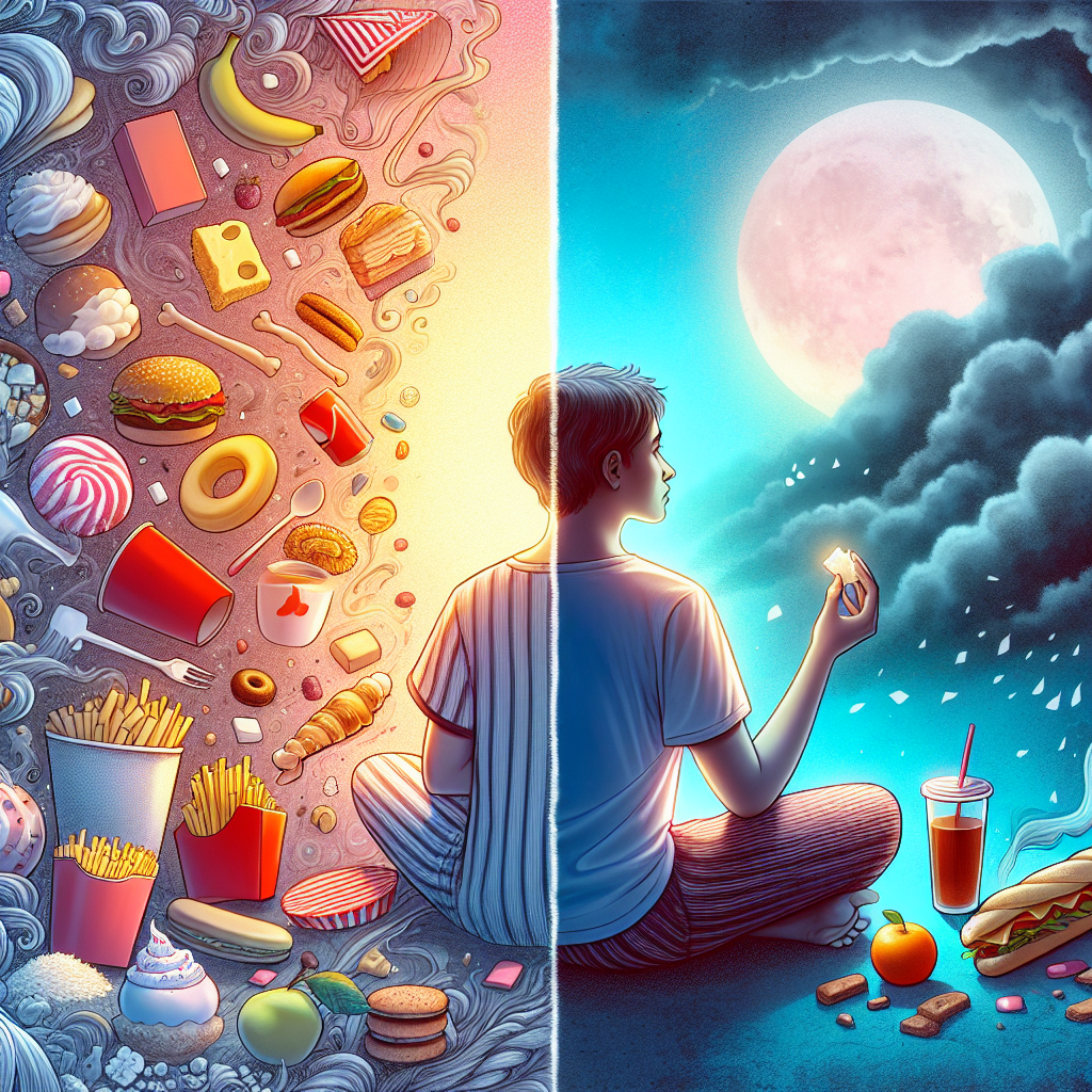 A split-screen image contrasting two states of mind: On the left, a person (gender-neutral) in a modern illustration style is surrounded by a chaotic swirl of fast food items and sweets, looking anxious or lost amidst the abundance. On the right, the same person is calm and mindful, holding a single fresh fruit or a cup of herbal tea, with a peaceful, clear, and bright background. The two sides are clearly separated but visually flow, symbolizing the journey from emotional eating to conscious awareness.