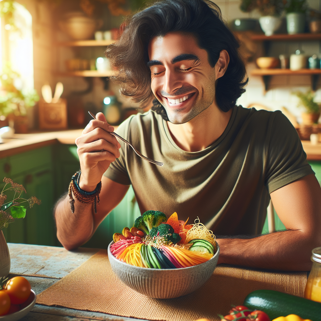 A person (gender neutral) happily enjoying a delicious, colorful, and healthy meal, such as a vibrant Buddha bowl or a plate of fresh pasta with vegetables, at a beautifully set table in a bright, inviting kitchen. The emphasis is on mindful eating, pleasure, and satisfaction without deprivation. Warm, natural light, realistic photography style.