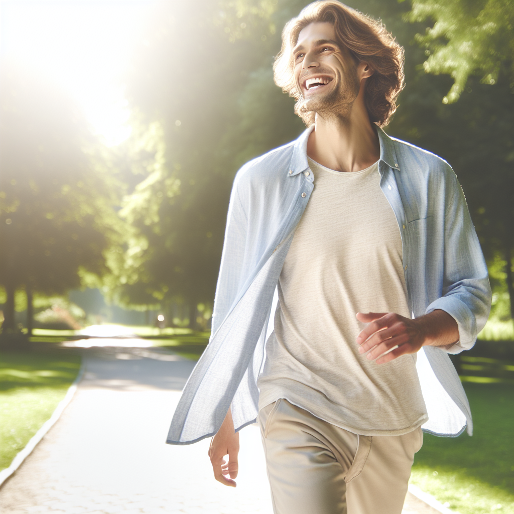 A person (gender neutral) with a joyful and light expression, taking a pleasant, brisk walk in a sunny park or along a scenic path. They are wearing comfortable everyday clothes (not gym attire), embodying effortless movement and freedom from strict routines. The scene conveys a sense of well-being and natural integration of activity. Soft focus on background, realistic photography style.