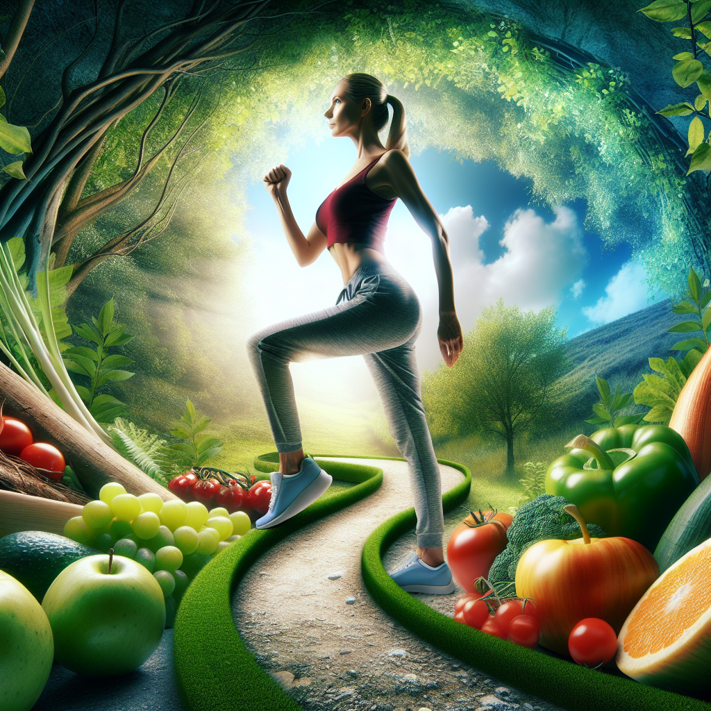 A person, radiating health and confidence, standing on a winding path amidst a bright, serene natural landscape. Subtle elements like fresh fruits, vegetables, and comfortable walking shoes are incorporated into the scene. The atmosphere is optimistic and empowering, symbolizing a successful and sustainable journey towards weight loss and well-being. Realistic, gentle lighting.