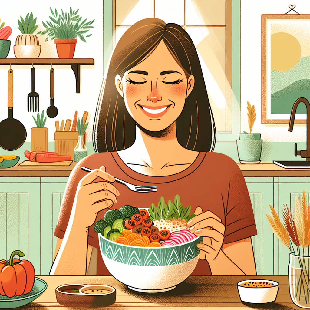 A bright, inviting photograph of a person genuinely smiling and enjoying a delicious, colorful, and healthy meal, such as a vibrant Buddha bowl with fresh vegetables, grains, and protein. The setting is a cozy, sunlit home kitchen or dining room. No diet tools visible (e.g., no calorie counter, no measuring tape). The emphasis is on joy, satisfaction, and natural abundance, representing 'eating without a diet' and sustainability.