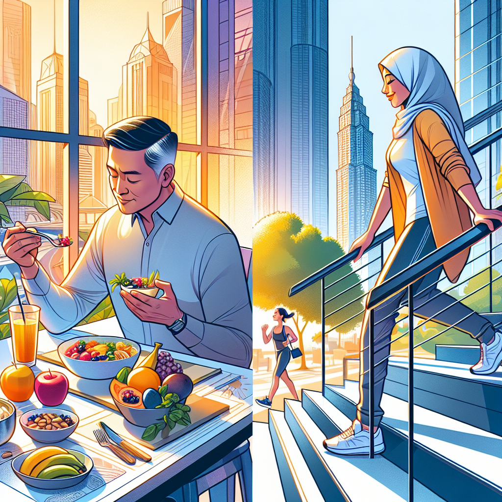 A modern, clean illustration or high-contrast photograph depicting a person engaged in two harmonious activities: mindfully eating fresh fruit and nuts at a table, and casually taking a brisk walk or using stairs outdoors in an urban park. The composition should convey a sense of effortless integration of healthy habits into daily life, emphasizing 'everyday movement' and 'conscious eating' for sustainable weight loss without a strict diet. Bright, energetic, and optimistic mood.