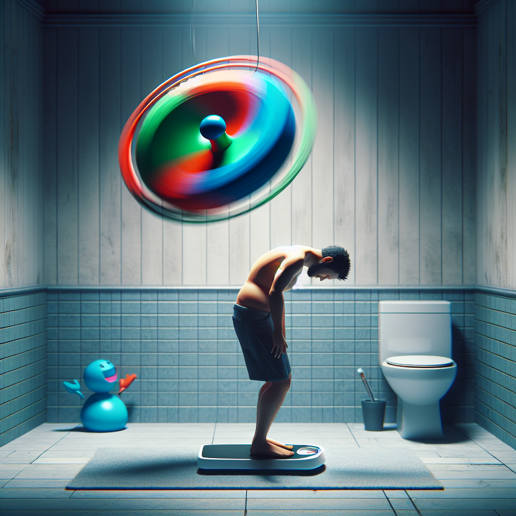 A frustrated person standing on a bathroom scale, their body shape fluctuating in a wavy, yo-yo like motion, with a large, vibrant yo-yo toy hovering above them. The background is a minimalist, slightly sterile bathroom, emphasizing the feeling of being stuck in a cycle. Cinematic, high contrast, realistic.
