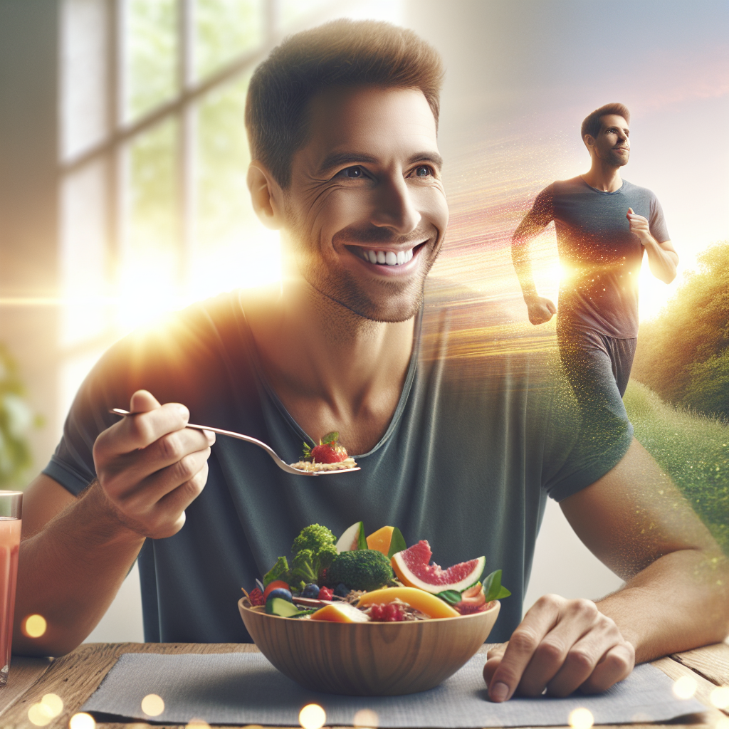 A serene and confident person smiling while enjoying a healthy, colorful meal at a bright table, with a background that subtly transitions into them jogging happily outdoors in natural light. The scene emphasizes long-term well-being, balanced lifestyle, and sustained energy. Soft, warm lighting, naturalistic style.