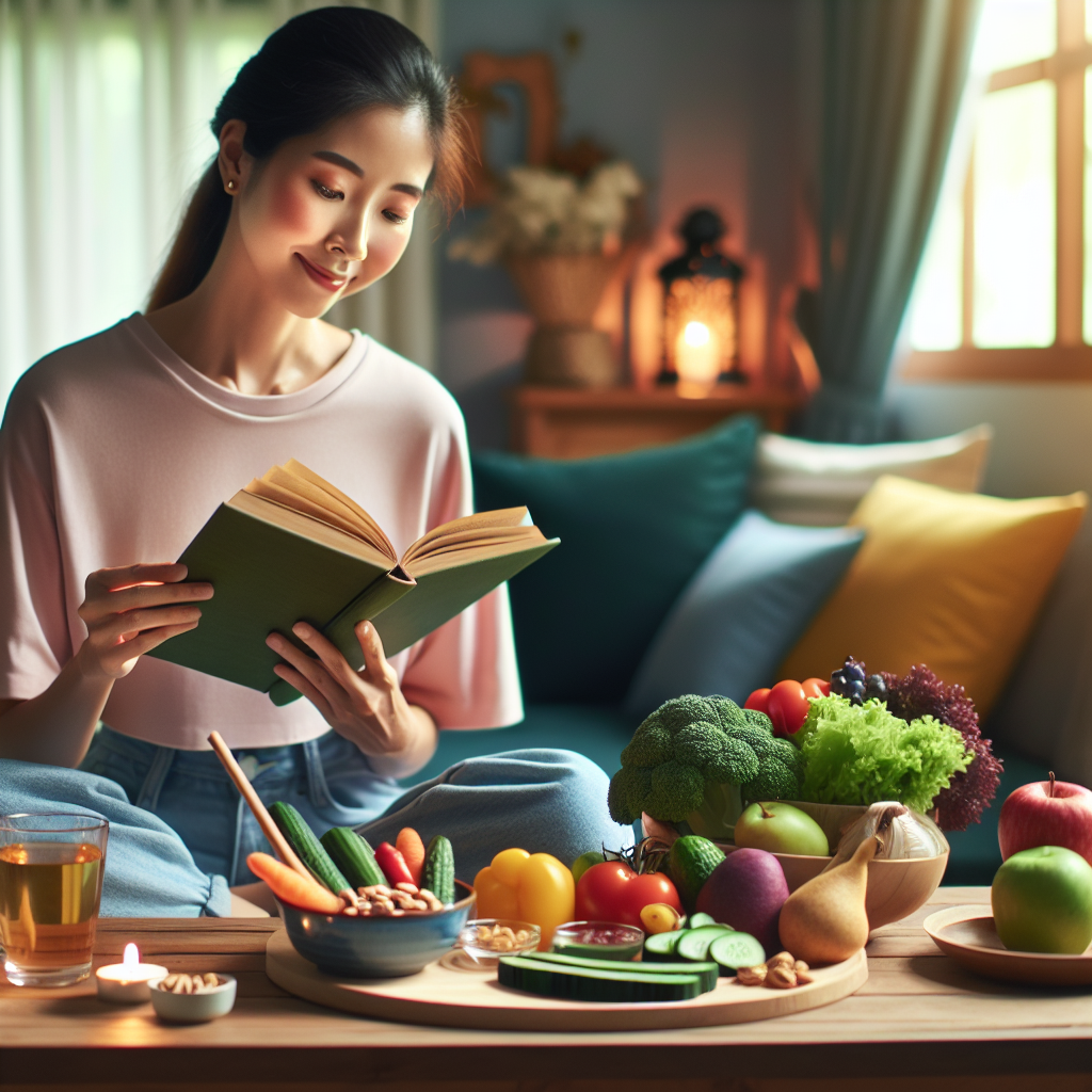 A happy and healthy-looking person is enjoying a relaxed moment at home, perhaps sitting comfortably with a book or a cup of herbal tea. On a table nearby, there's a colorful spread of healthy food: fresh vegetables, fruits, nuts, and a small portion of lean protein. The atmosphere is calm and peaceful, emphasizing well-being and mindful eating, without any gym equipment or active sports activities visible. The lighting is soft and natural.