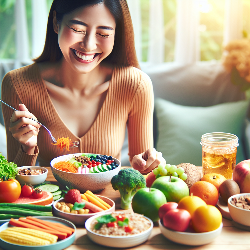 A vibrant and artfully arranged spread of delicious, healthy food: fresh vegetables, whole grains, lean protein, and colorful fruits, illuminated by soft natural light. A person with a contented smile is enjoying a meal, radiating energy and satisfaction, embodying successful weight loss without hunger or deprivation. Bright, inviting atmosphere. --ar 16:9