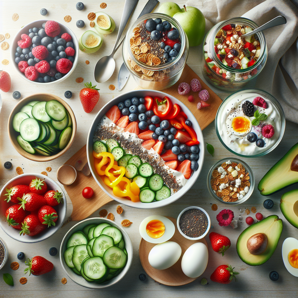 Overhead shot of a vibrant, healthy, no-cook meal spread on a light wooden table. The spread includes: a bowl of colorful mixed berries, sliced cucumber and bell peppers, a container of Greek yogurt with granola and chia seeds, pre-boiled hard-boiled eggs, avocado slices, and a small portion of cottage cheese. Emphasize fresh, natural ingredients, quick assembly, and no cooking utensils or stove in sight. Bright, clean, inviting, high-key lighting, food photography style.