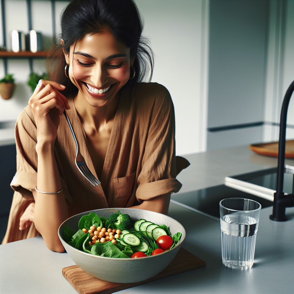 A person in their late 20s/early 30s, smiling and enjoying a fresh, no-cook lunch. They are seated at a clean, modern kitchen island or desk. The meal consists of a large, colorful salad with leafy greens, cherry tomatoes, cucumber, chickpeas, and a protein like pre-cooked chicken or tofu, served in a simple bowl. A glass of water is next to it. The scene conveys ease, convenience, and healthy eating without effort. Bright, positive, modern lifestyle photography, focus on a relaxed atmosphere.