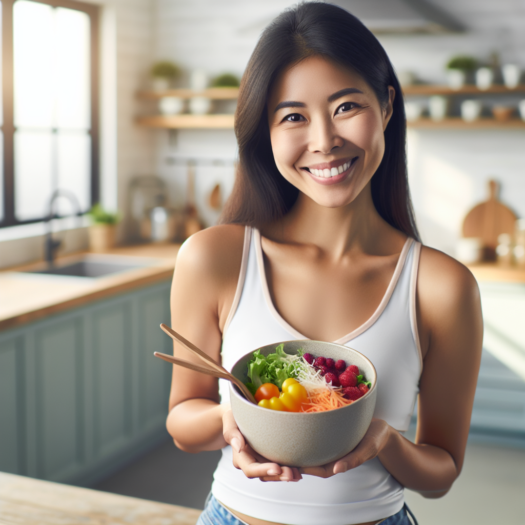 A happy and relaxed person in a bright, modern kitchen, smiling while holding a vibrant, healthy meal (e.g., a colorful salad with lean protein, or a bowl of fresh fruit and yogurt). The scene emphasizes healthy eating and well-being, with no sports equipment visible. The overall mood is one of ease and successful weight loss through nutrition, not strenuous exercise. Realistic photo, soft natural light.