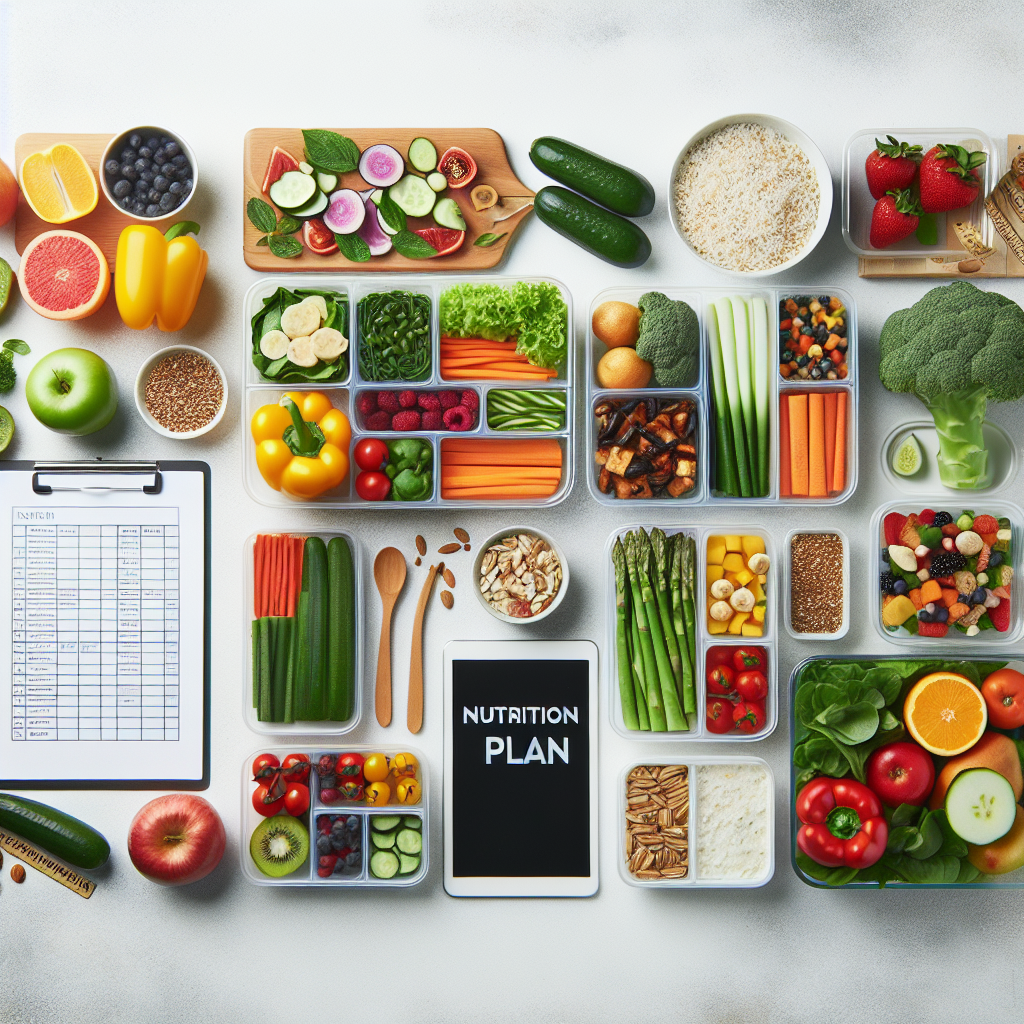 A visually appealing flat lay of a well-organized weekly meal prep, showcasing various healthy ingredients and pre-portioned meals in containers. Focus on colorful vegetables, lean proteins, whole grains, and fruits. A notebook or tablet subtly displaying 'Ernährungsplan' (Nutrition Plan) is visible. There is no sports gear, gym equipment, or active exercise in the image, highlighting that weight loss is achieved through smart food choices and planning. Bright, clean, and modern aesthetic.