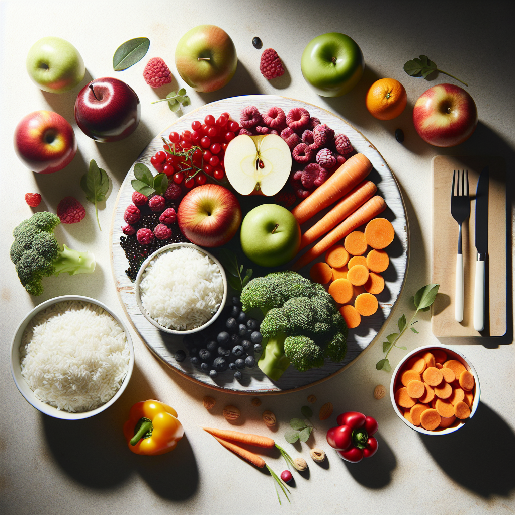A brightly lit studio photograph of a balanced meal composition featuring vibrant, fresh fruits (apples, berries), crisp vegetables (broccoli, carrots), and a bowl of plain steamed rice. The setting is clean and minimalist, emphasizing health and a completely fat-free presentation. No oils or visible fats. Focus on natural colors and textures.