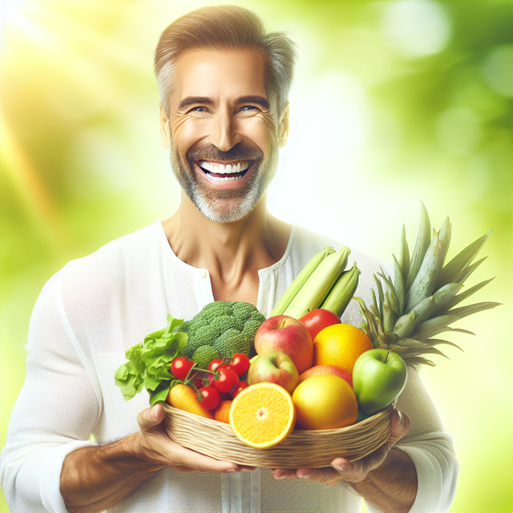 A person, visibly light and energetic, smiling while holding a selection of fresh, colorful fruits and vegetables. The background is soft-focused and bright, conveying a sense of health, vitality, and successful weight loss. The overall aesthetic is clean, positive, and aspirational, highlighting a journey towards a lighter, healthier self through a fat-free diet. Soft, natural lighting.