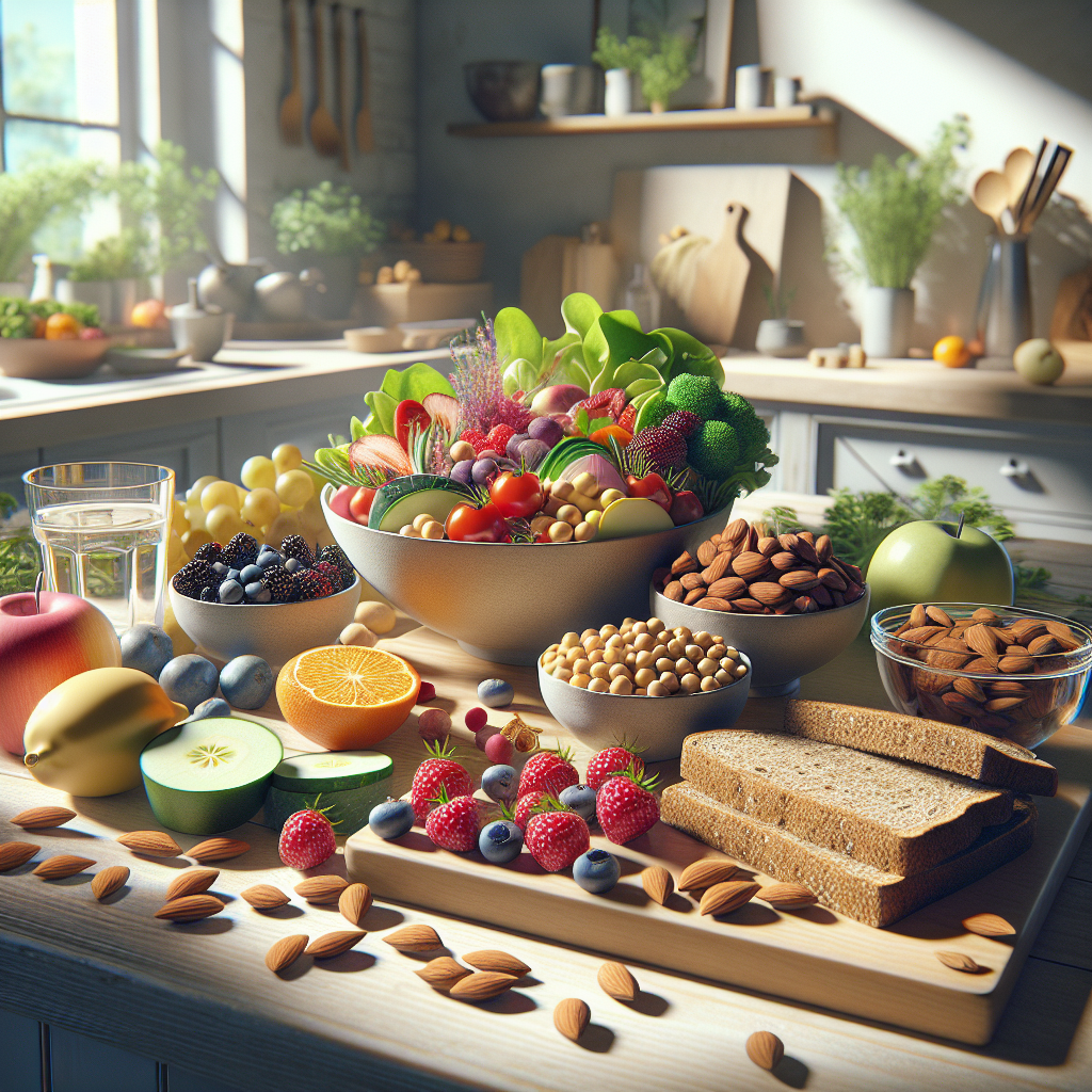 A beautifully arranged, vibrant spread of diverse healthy food items on a light wooden kitchen counter. The scene includes a colorful salad bowl with fresh vegetables and chickpeas, whole-grain bread slices, various fresh fruits like berries and a sliced apple, a handful of almonds, and a glass of water with lemon. The atmosphere is calm and inviting, suggesting delicious, easy-to-prepare meals for a healthy diet without strenuous exercise. Natural daylight, high detail, photorealistic.