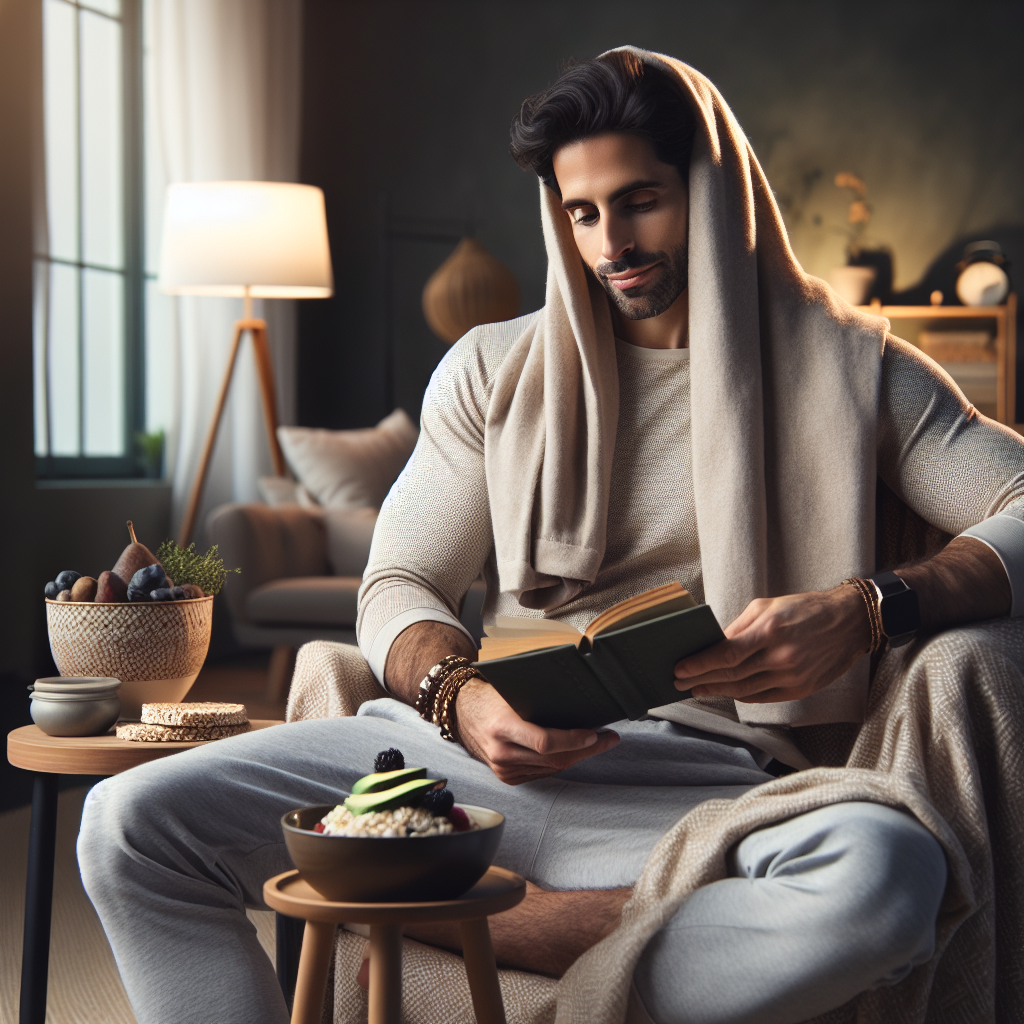 A serene and content person (diverse, 30s-40s) in comfortable, casual home attire, sitting relaxed on a cozy armchair with a soft blanket, perhaps reading a book or enjoying a warm herbal tea. They emanate a sense of well-being, calm confidence, and health achieved through good nutrition. A small, healthy snack, like a bowl of mixed berries or a few rice cakes with avocado, is subtly placed on a small side table. The background is a peaceful, tidy living room with warm, diffused lighting. No sports equipment or active poses are visible. Photorealistic.