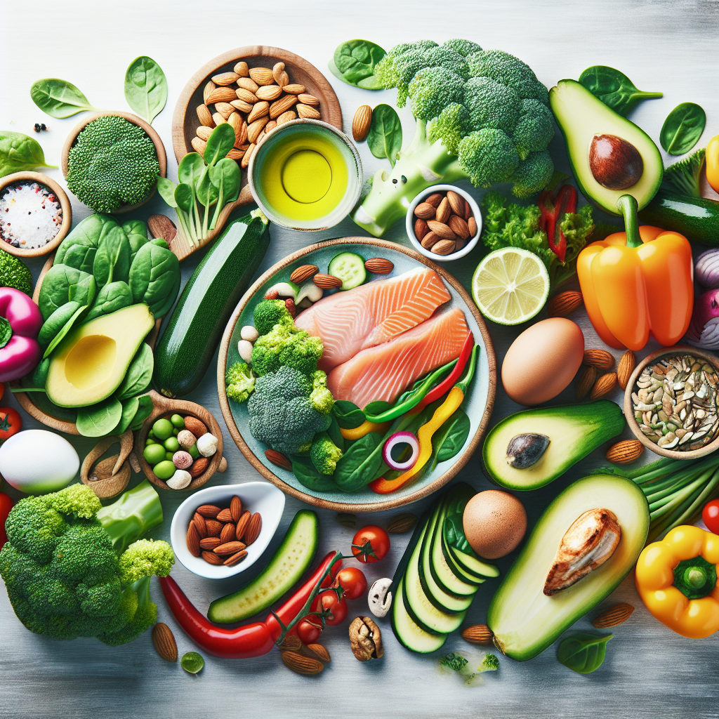 A vibrant, overhead shot of a diverse and colorful selection of healthy low-carb foods spread out on a clean, light wooden table. Include fresh green vegetables like broccoli, spinach, and zucchini, alongside colorful bell peppers, lean protein sources such as grilled chicken breast, salmon fillet, and boiled eggs. Also feature healthy fats like sliced avocado, a small bowl of mixed nuts and seeds, and a drizzle of olive oil. The composition should look appealing, fresh, and easy to prepare, with natural light. Focus on the abundance and variety of a healthy low-carb diet.