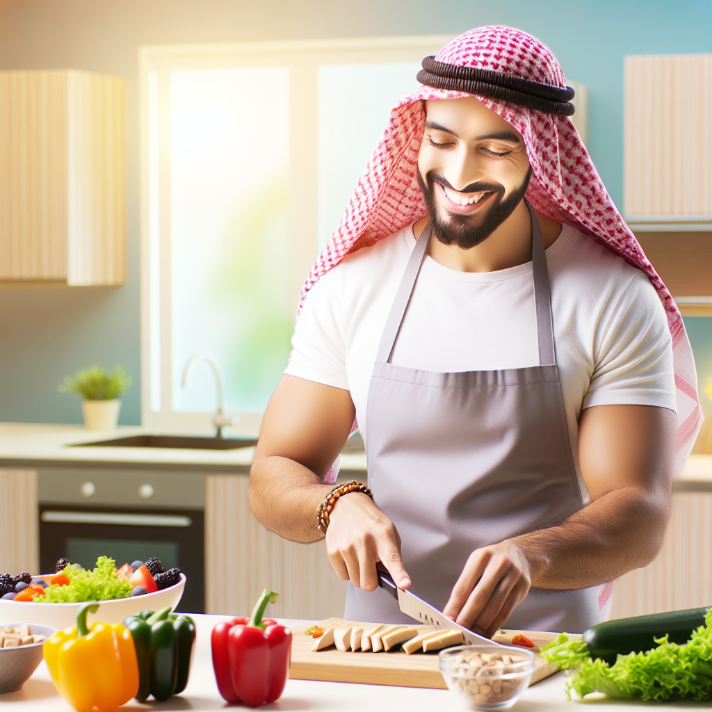 A bright, modern kitchen scene where a person (gender-neutral, diverse) is happily preparing a simple and delicious low-carb meal. Show fresh ingredients on a clean countertop, like sliced chicken or tofu, colorful bell peppers, leafy greens, and a bowl of berries. The person should have a relaxed, focused, and content expression, implying ease and enjoyment in healthy cooking. The background should be clean and inviting, conveying a sense of a manageable and healthy lifestyle. The focus is on practical, everyday implementation of a low-carb diet.