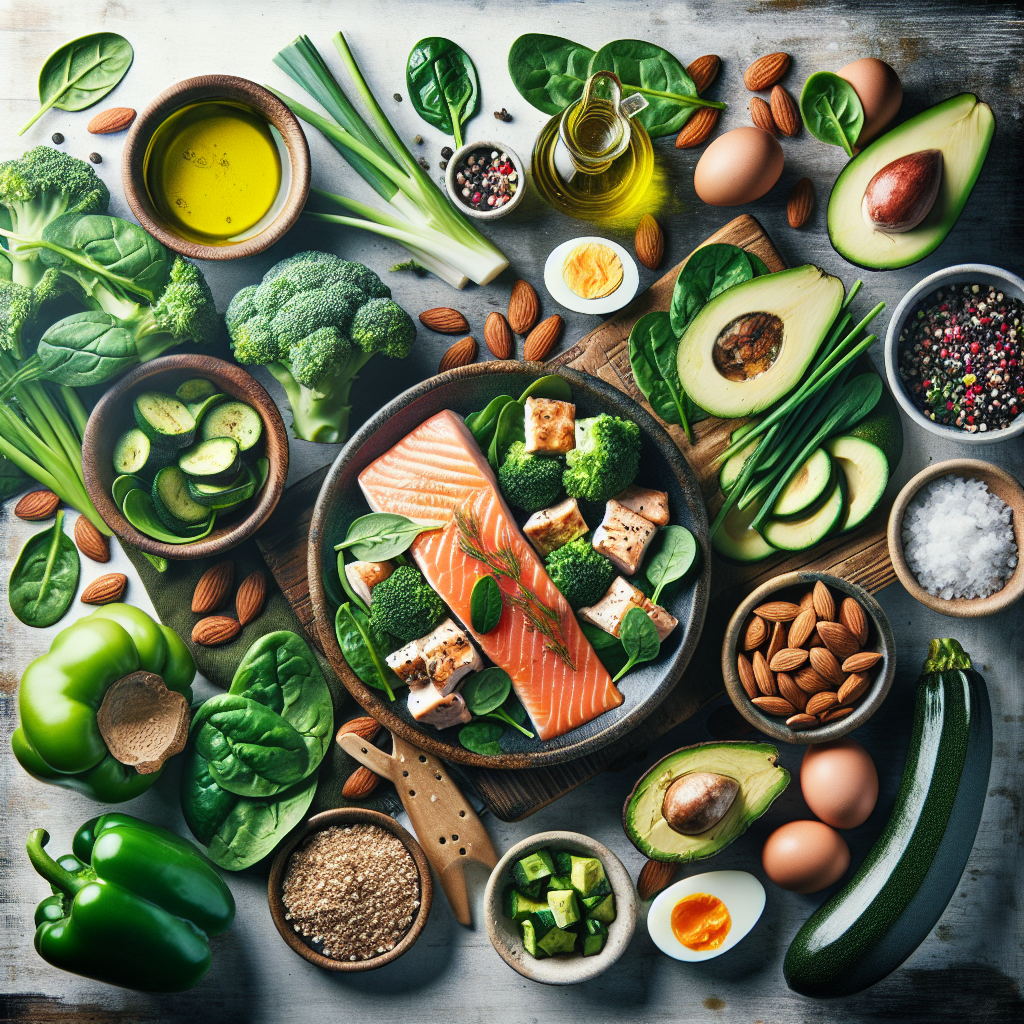 A vibrant, top-down flat lay composition of diverse low-carb ingredients and a prepared meal. Feature fresh green vegetables like broccoli, spinach, and zucchini, grilled chicken breast, baked salmon, a couple of hard-boiled eggs, sliced avocado, a handful of almonds, and a drizzle of olive oil. The arrangement should be aesthetically pleasing on a rustic wooden table or clean white background, emphasizing health, freshness, and abundance. Bright, natural lighting, food photography style.