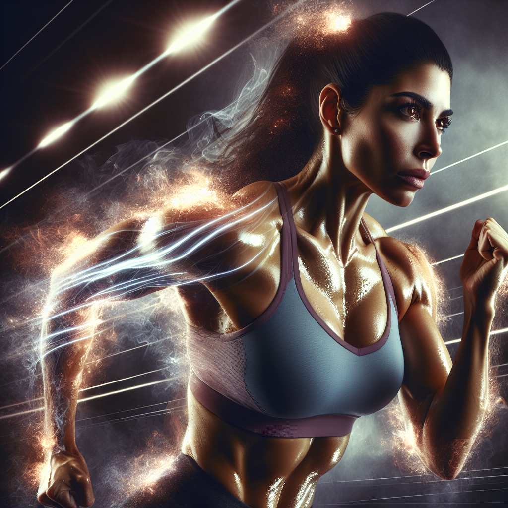 A dynamic, high-energy image of a determined person, visibly lean and muscular, engaged in an intense full-body workout such as sprinting or weightlifting. Sweat is visible, and the person exudes strength and focus. In the background, subtle, abstract visual effects suggest fat melting away or transforming into pure energy, perhaps with a slight glow or dissipation effect. The overall mood should be empowering and showcase the successful achievement of extreme fat burning. Realistic, cinematic lighting.