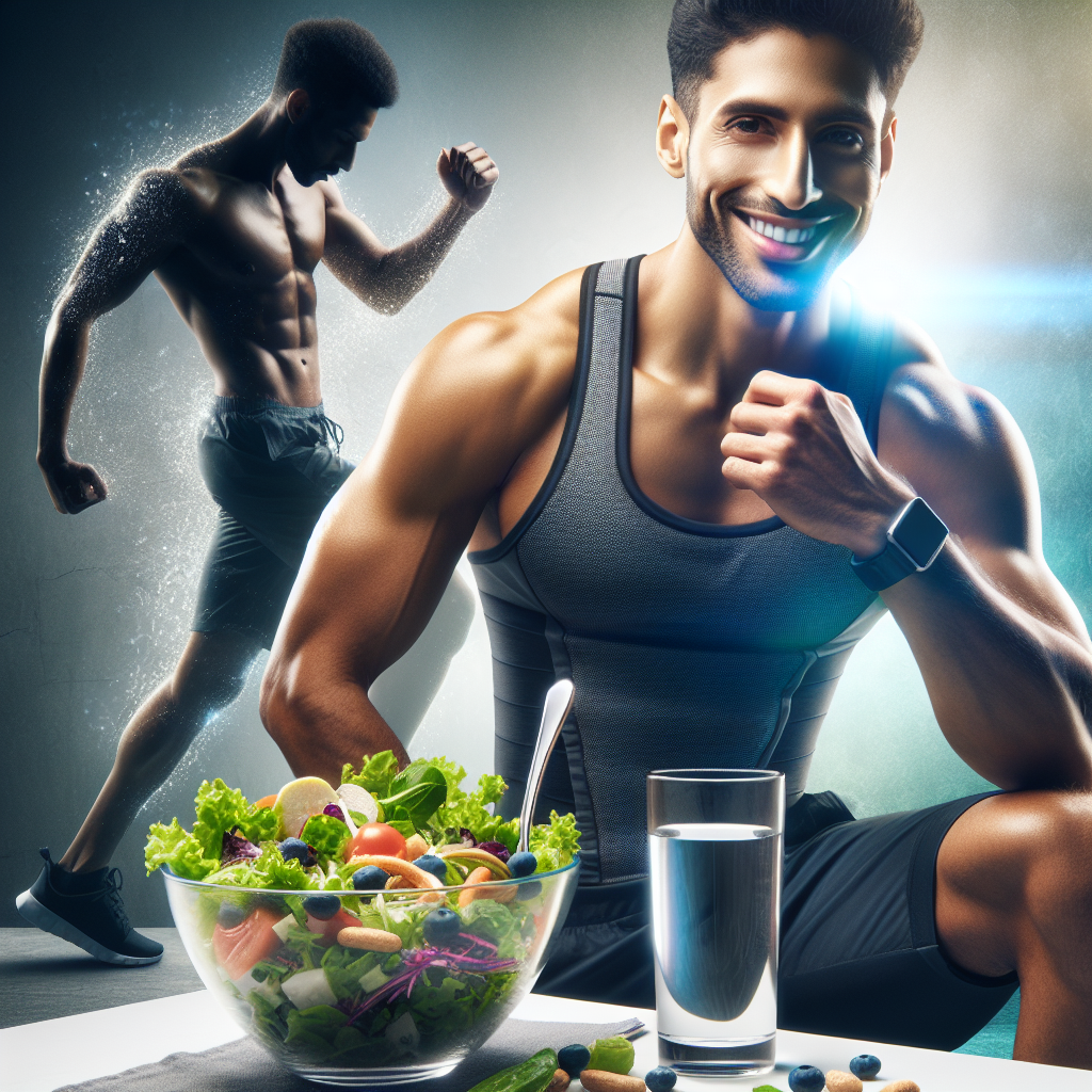 A fit, energetic man or woman in modern sportswear, smiling confidently while holding a glass of water. On a clean table next to them, there's a vibrant bowl of fresh salad with lean protein. In the softly blurred background, a silhouette of someone is doing a dynamic, simple exercise like stretching or a light jog. The overall image should convey quick success, well-being, and a healthy lifestyle. Bright, inspiring lighting and colors.