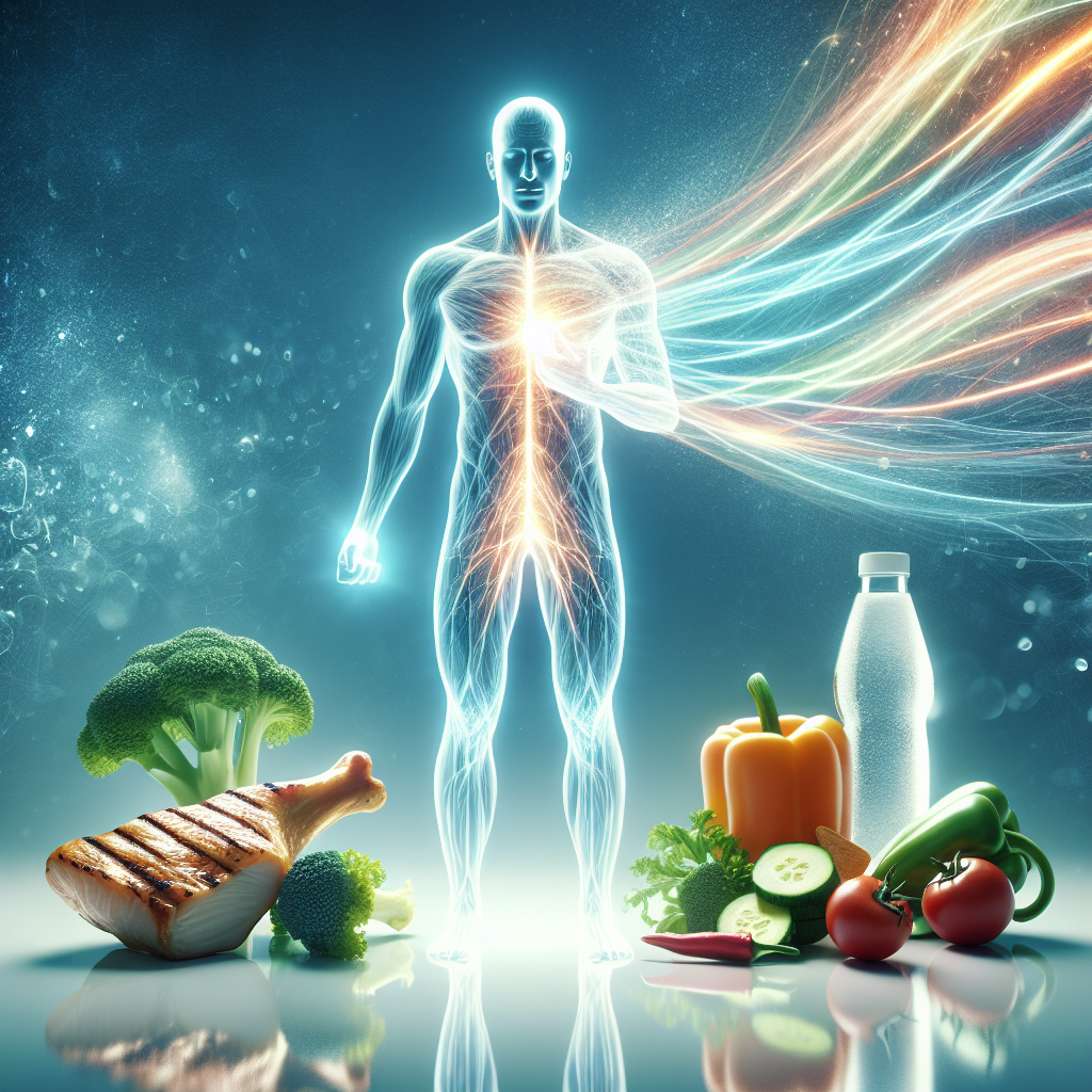 An artistic, symbolic representation of a human body silhouette with subtle, glowing energy streams flowing through it, visually depicting fat being actively burned. Around the silhouette, various stylized healthy food items are arranged: a piece of lean grilled chicken, colorful fresh vegetables like broccoli and bell peppers, and a tall glass of water. The style should be clean, modern, and inspiring, with a focus on metabolism and effective nutrition. Fresh, vibrant color palette.