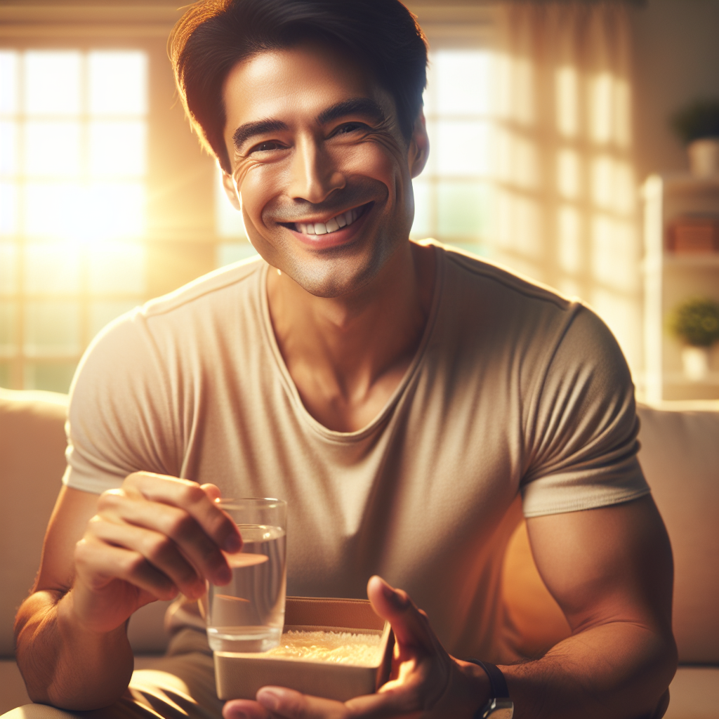 A happy and relaxed person, smiling subtly, sitting comfortably in a bright home environment (e.g., on a cozy couch or by a window), enjoying a small, healthy meal or a glass of water. They exude a sense of lightness and well-being, implying successful weight loss without strenuous exercise. No sports equipment visible. Realistic, warm lighting, inviting atmosphere, professional photography style.