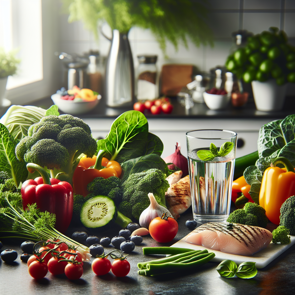 A vibrant and appealing still life of various healthy, low-calorie food items artfully arranged on a clean kitchen counter. The composition includes fresh, colorful vegetables (like broccoli, bell peppers, and leafy greens), lean protein sources (like grilled chicken or fish), a few berries, and a glass of refreshing water. The focus is on nutritious and delicious choices for effective weight loss through diet. Bright, natural light, food photography style.