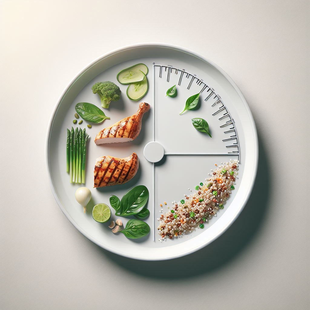 A conceptual image illustrating the 'Friss die Hälfte' (FDH) diet. A pristine white dinner plate is central, with a healthy, balanced meal (e.g., grilled chicken, mixed greens, quinoa) occupying exactly half of the plate. The other half of the plate is strikingly empty, emphasizing portion reduction. A subtle, modern graphic of a weight scale or a measuring tape losing inches is incorporated nearby. The style is clean, minimalist, and brightly lit, conveying simplicity and effective weight management.