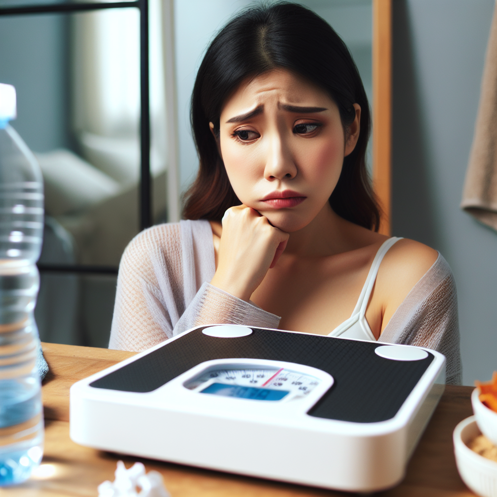 A person standing on a bathroom scale with a look of disappointment or confusion, as the scale's display shows a static number or no change. In the background, subtle elements like a half-empty water bottle or a small, untouched meal hint at the act of fasting, emphasizing the lack of desired weight loss despite effort. The lighting should be soft and empathetic.