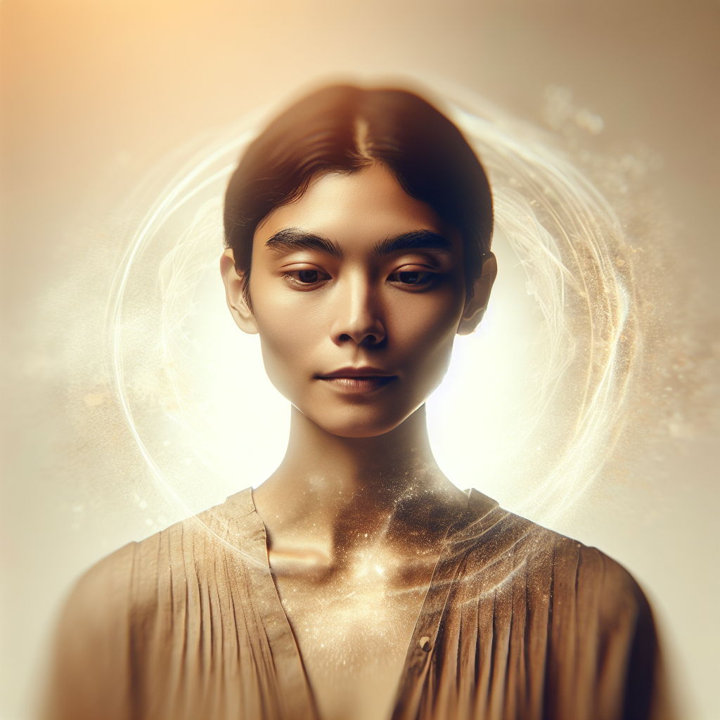 A serene and balanced person (gender-neutral, diverse), radiating inner peace and gentle energy, with a clear, calm expression. They appear healthy and well-nourished, not thin, embodying holistic well-being without any focus on weight loss. Soft, ethereal lighting, minimalist background of warm, muted tones, perhaps a subtle hint of nature. Artistic realism, focusing on mental clarity and a feeling of internal harmony.