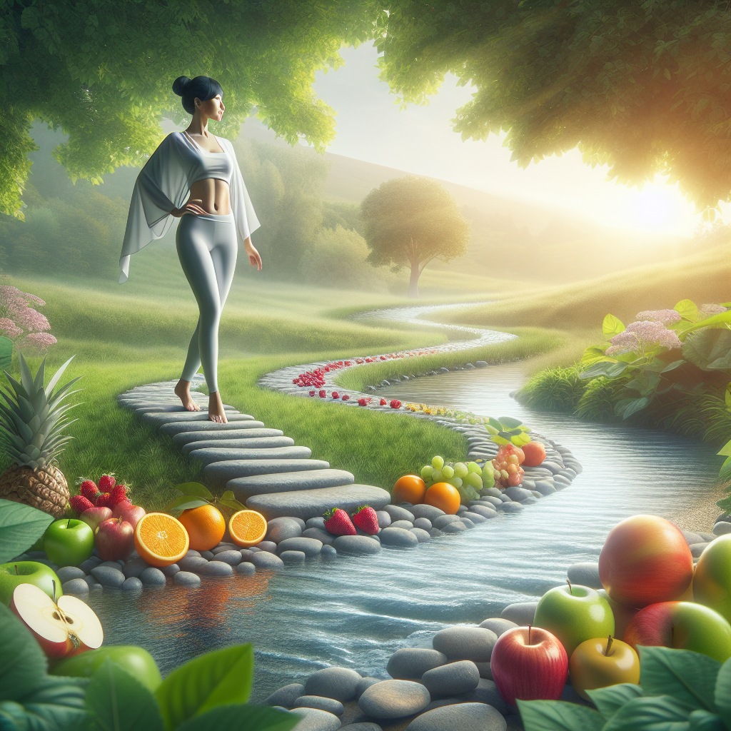 A serene and balanced composition showing a person standing confidently on a stable, gently upward-sloping path made of natural stone. Around them are elements symbolizing sustainable health: a calm flowing stream, vibrant fresh fruits, and sunlight filtering through leaves. The overall mood is peaceful, consistent, and free from any up-and-down motion, representing long-term well-being and avoiding the 'yo-yo' effect. Photorealistic, warm natural lighting.