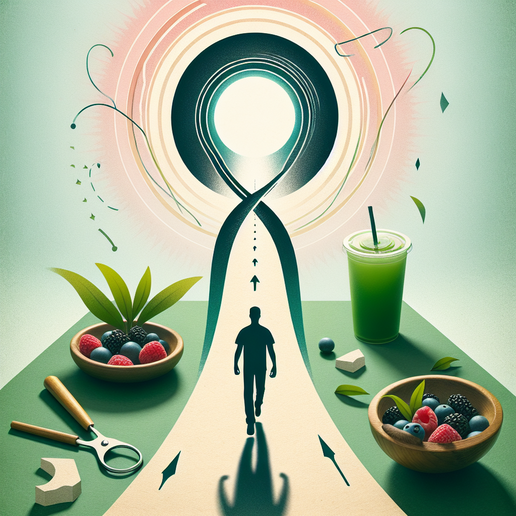 A conceptual image illustrating the breaking of a cycle: a stylized yo-yo string is visibly snapped, and instead of looping back down, it extends into a clear, straight, and stable path. On this path, a silhouette of a person is walking forward, surrounded by subtle representations of healthy food (e.g., a bowl of berries, a green smoothie) and a sense of progress and consistency. The background is bright and optimistic, conveying a fresh start and sustained success. Digital illustration, clean lines, hopeful color palette.