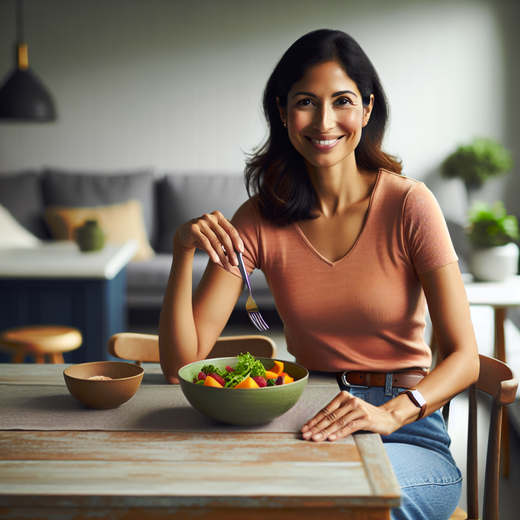 A happy and healthy-looking person in their 30s-40s, casually enjoying a wholesome, colorful meal (e.g., a vibrant salad or fruit bowl) at a brightly lit kitchen table. The scene emphasizes a calm, sustainable approach to well-being and healthy eating, with no indication of strenuous exercise. The overall mood is relaxed and positive, reflecting easy, everyday lifestyle changes for fat loss. Subtle, modern home environment, natural lighting.