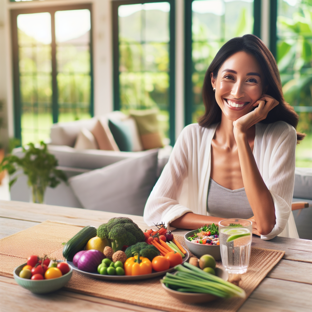 A serene and happy person, exuding health and confidence, is seated at a brightly lit kitchen table, enjoying a vibrant and delicious meal composed of fresh, colorful vegetables, fruits, whole grains, and a glass of sparkling water. The setting is calm and inviting, with no visible exercise equipment or gym attire, emphasizing a lifestyle of effortless weight loss through mindful eating and healthy food choices. The image should convey a sense of sustainable well-being and satisfaction. High quality, natural light.