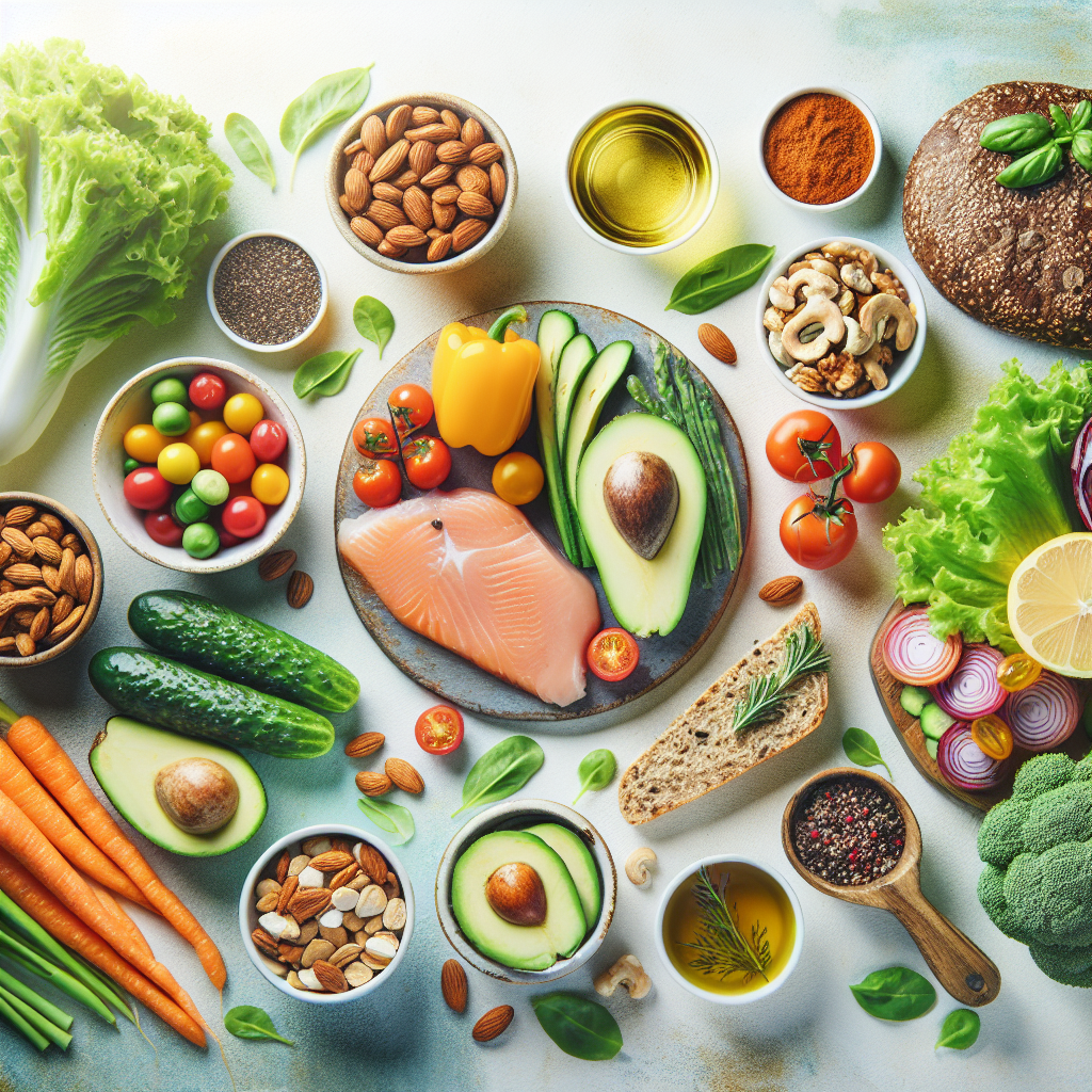 A vibrant and appealing flat lay of diverse, healthy, and natural food items (e.g., colorful fresh vegetables, lean protein like grilled chicken or fish, whole-grain bread, healthy fats such as avocado and nuts). The composition is clean and inviting, visually conveying the idea of nourishing the body through conscious dietary choices to support a flatter stomach and healthy metabolism, without relying on strenuous exercise. Bright, natural light.