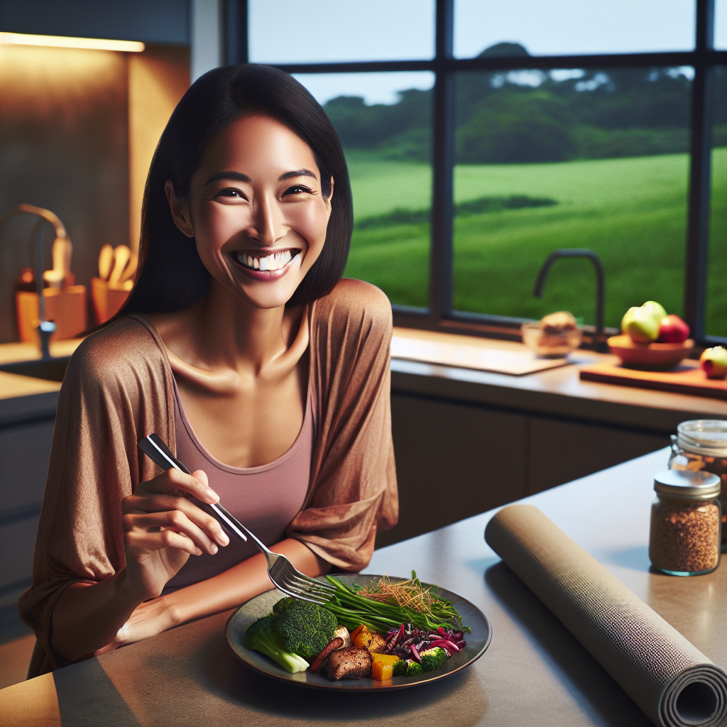 A person with a bright, genuine smile, sitting at a modern kitchen counter, happily enjoying a diverse and appetizing plate of food. The meal looks delicious and satisfying, featuring a variety of wholesome ingredients without looking restrictive or diet-like. In the background, hints of an active, healthy home environment (e.g., natural light, a yoga mat subtly placed, or a view of a park) suggest an overall balanced lifestyle. Vibrant colors, realistic photography style, celebrating the joy of eating well without deprivation.