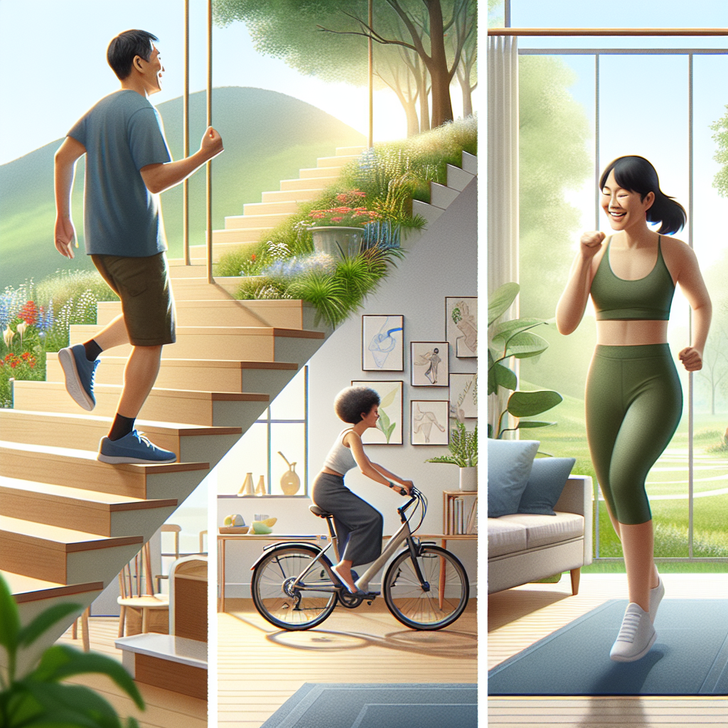 A dynamic composite image or a scene showing someone effortlessly integrating physical activity into their daily routine: walking up stairs with a light step and a smile, cycling through a park with ease, and doing a few simple bodyweight exercises in a bright living room. The focus is on natural, joyful movement rather than intense training. The overall mood is uplifting and energetic, with bright, natural lighting and a sense of effortless vitality, emphasizing the ease and accessibility of these small changes.