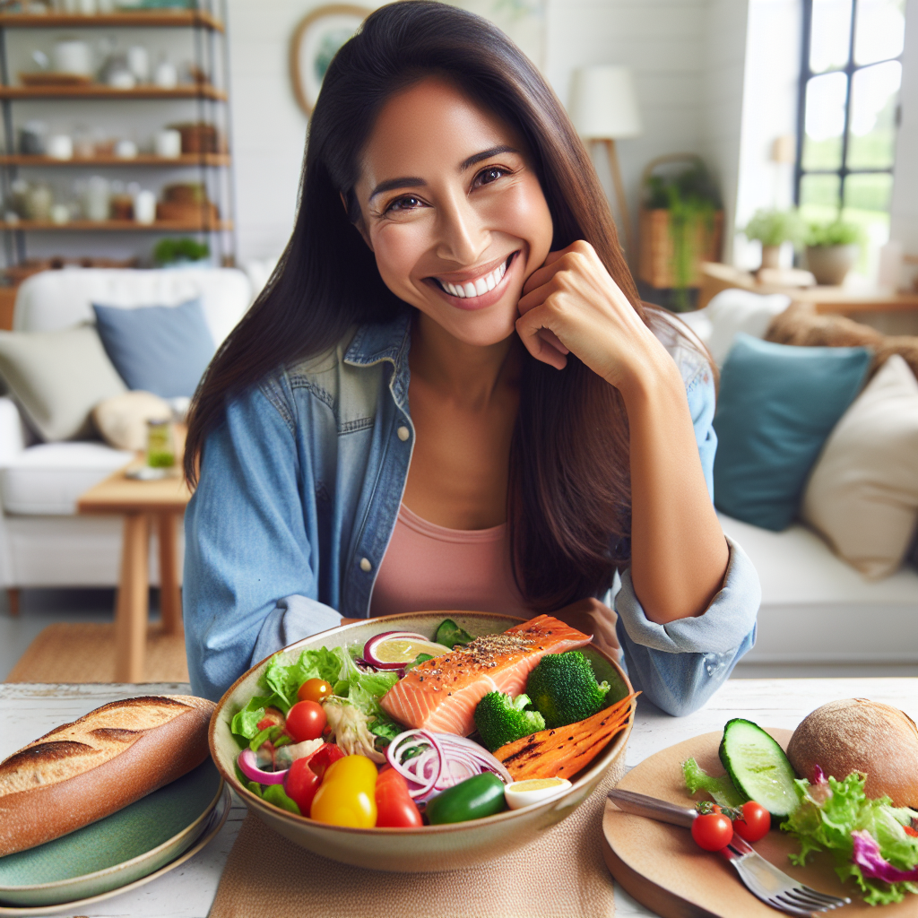 A healthy, radiant person in their 30s enjoying a vibrant, delicious, and balanced meal (e.g., a colorful salad with grilled salmon, fresh vegetables, and a whole-grain roll) at a bright, inviting table. They are smiling, looking relaxed and satisfied, emphasizing enjoyment without deprivation. The background shows a cozy, modern living space, suggesting a sustainable and joyful lifestyle.